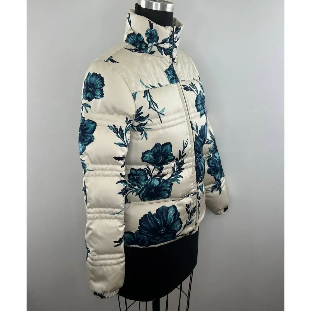 TORY BURCH White Blue Floral Full Zip Down Fill Quilted Puffer Jacket X-Small XS